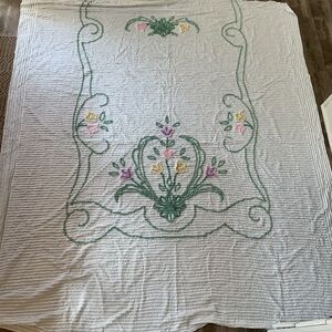 White Chenille Bedspread with Green Scrollwork and Pastel Floral Accents